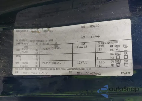 2000 GMC Savana Rv z USA, uszkodzony, nr VIN 1GDFG15W4Y1169853